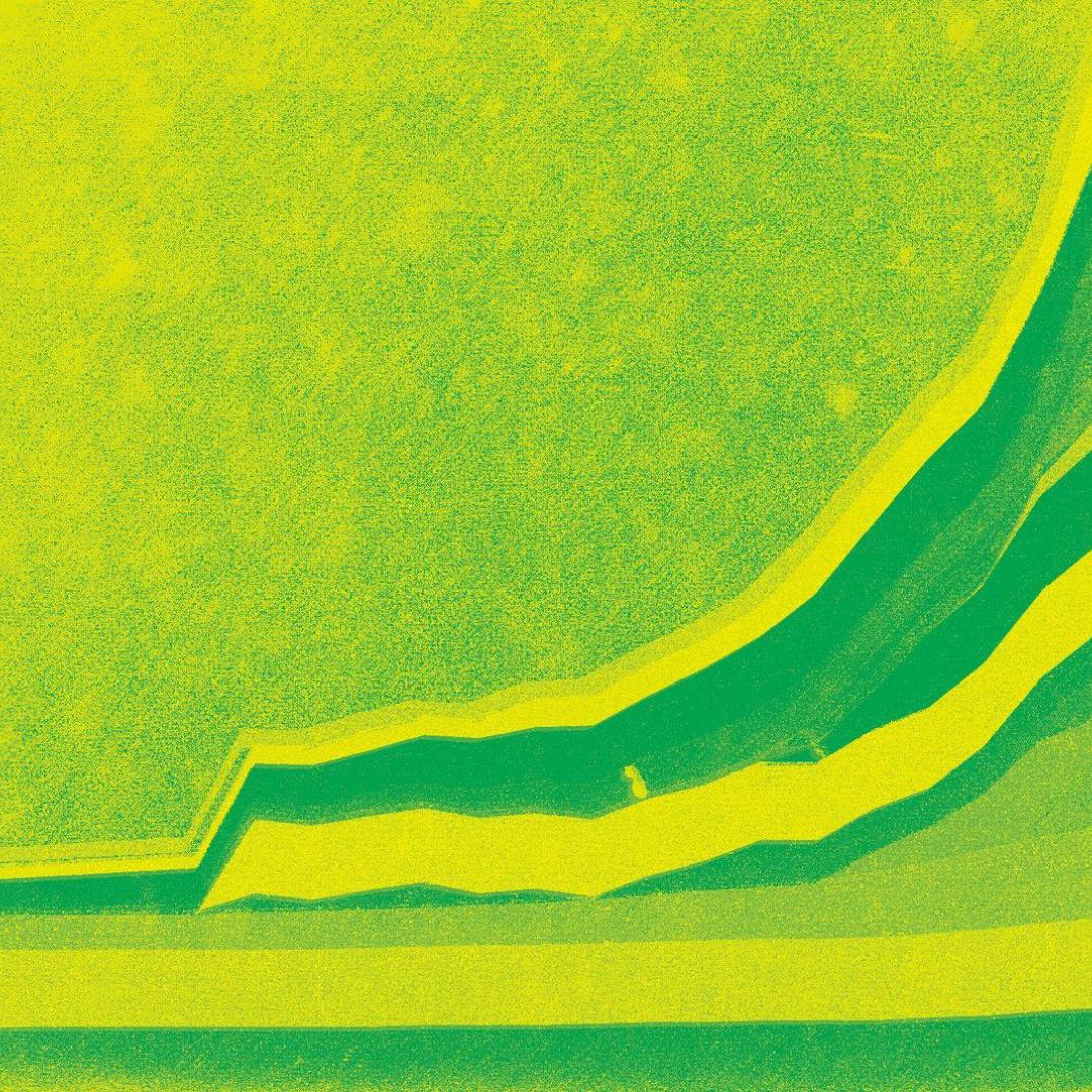 Artwork for the Acceleration album by Insub. Meta Orchestra: abstract illustration evoking acceleration with green and yellow flash colors and dynamic waveforms suggesting motion and speed