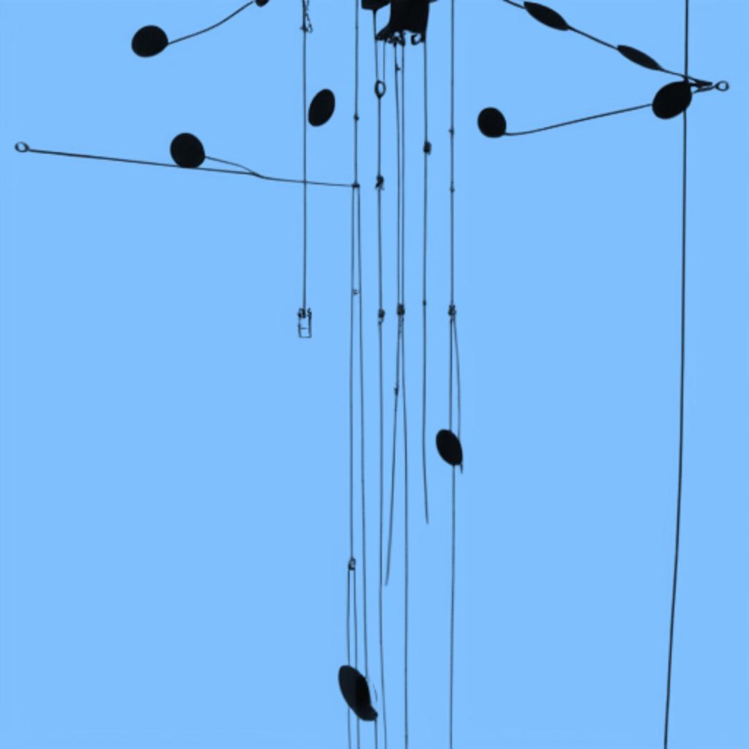 Artwork for the Espaces project: illustration suggesting a hanging kinetic sculpture, black silhouette on blue background