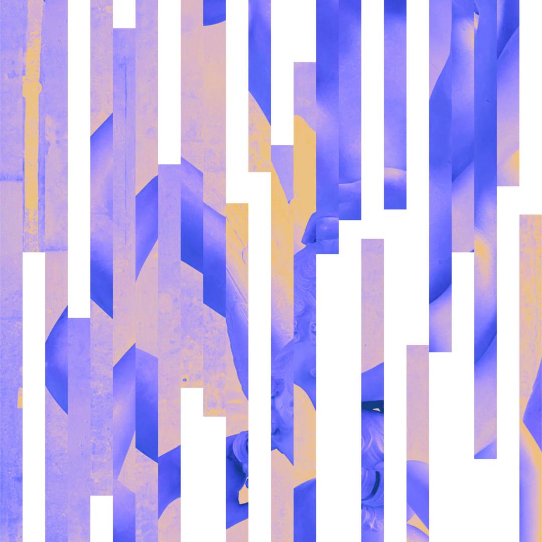 Abstract deconstruction of a Baroque sculpture with vertical bands of pink and violet flash colors