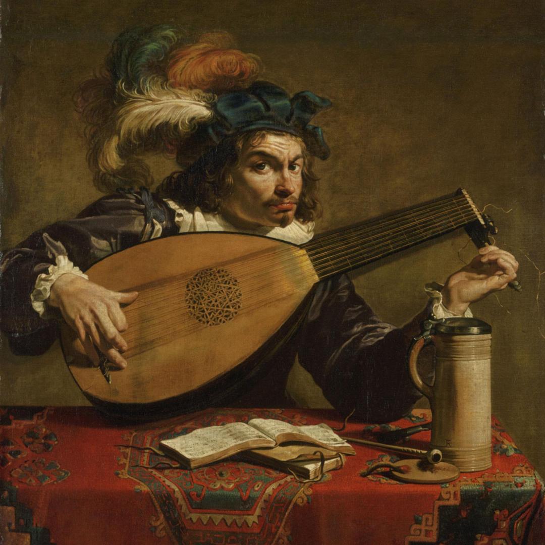 Theodoor Rombouts's painting 'Lute Player', 17th-century painting showing a seated musician playing a lute, wearing period clothing and a feathered hat