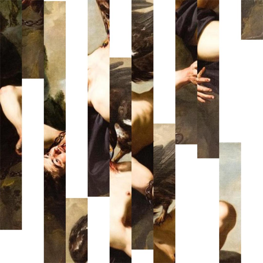 Abstract deconstruction of a Baroque painting with vertical bands of brown tones