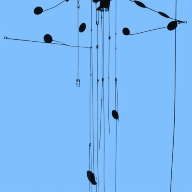 Artwork for the Espaces project: illustration suggesting a hanging kinetic sculpture, black silhouette on blue background
