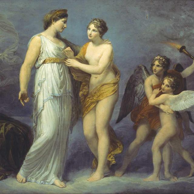 Artwork for the La Ceinture de Vénus project: Andrea Appiani's painting 'Venus Fastens the Girdle for Juno', classical mythological scene with two figures, soft neoclassical tones and graceful drapery