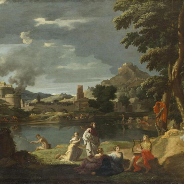 Artwork for the Cocyte project: Nicolas Poussin's painting 'Landscape with Orpheus and Eurydice', pastoral landscape with Orpheus courting Eurydice near a wooded riverbank, classical figures and dramatic sky