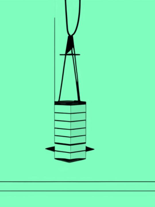 Illustration suggesting a hanging kinetic sculpture: black silhouette on green background