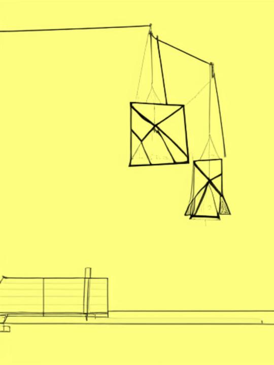 Illustration suggesting a hanging kinetic sculpture: black silhouette on yellow background