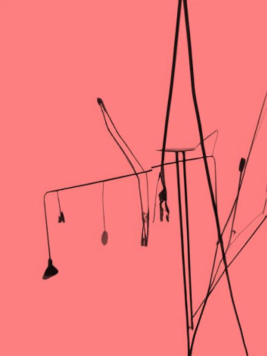 Illustration suggesting a hanging kinetic sculpture: black silhouette on red background