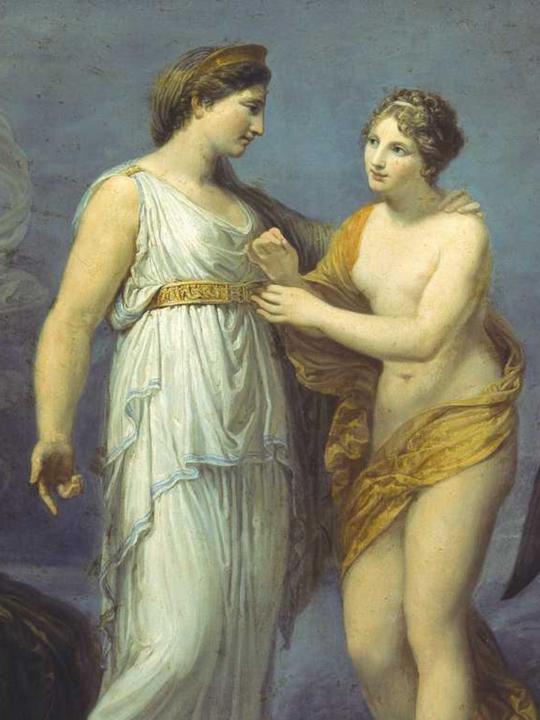 Andrea Appiani's painting 'Venus Fastens the Girdle for Juno': close-up of Venus and Juno, graceful drapery, soft neoclassical tones and subtle chiaroscuro
