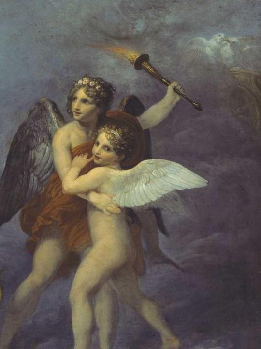 Andrea Appiani's painting 'Venus Fastens the Girdle for Juno': close-up of cherubic figures assisting, delicate wings, soft drapery