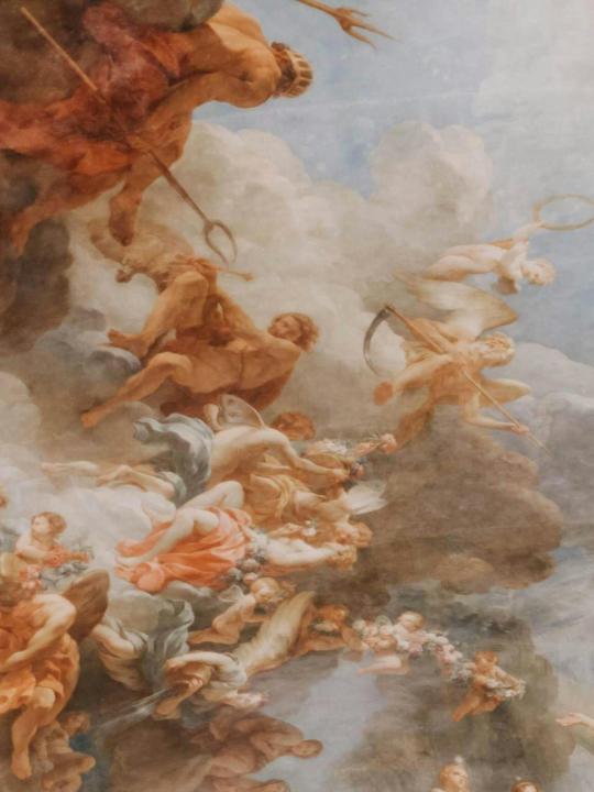François Lemoyne's painting 'L'Apothéose d'Hercule': close-up of the left part — fragment showing putti and allegorical figures, flowing drapery, and dramatic Baroque brushwork