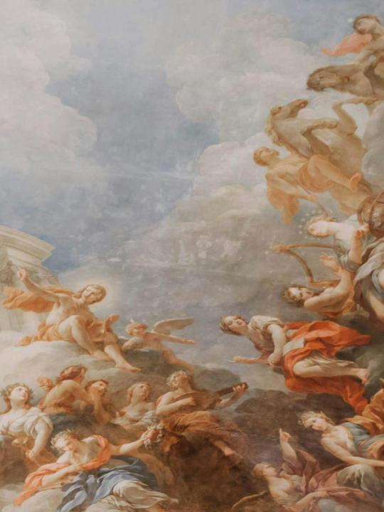 François Lemoyne's painting 'L'Apothéose d'Hercule': close-up of the right part — fragment showing Hercules and surrounding deities, muscular figures, dynamic poses, and dramatic Baroque lighting